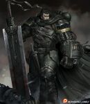  1boy after_battle arm_cannon armor berserk berserker_armor black_cape black_hair blood blood_on_weapon cape crossover dagger dragonslayer_(sword) english_commentary guts_(berserk) huge_weapon knife male_focus orc pauldrons planted planted_sword power_armor scar scar_on_face scar_on_nose sgt_lonely shoulder_armor solo standing sword warhammer_40k watermark weapon 