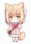  1girl :&lt; animal_ear_fluff animal_ears bag bangs blonde_hair blush_stickers bow brown_eyes chibi closed_mouth commentary_request eyebrows_visible_through_hair full_body hair_between_eyes hair_bow highres jacket long_sleeves looking_at_viewer miike-chan nakkar open_clothes open_jacket original pink_jacket pleated_skirt puffy_long_sleeves puffy_sleeves red_bow red_footwear sailor_collar shirt shoes shoulder_bag signature skirt socks solo standing tail white_background white_bow white_legwear white_sailor_collar white_skirt yellow_shirt 