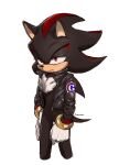  1boy black_hair black_jacket closed_mouth cropped_legs furry furry_male gloves grey_background haroon_cookiez highres jacket long_sleeves male_focus multicolored_hair open_clothes open_jacket red_eyes redhead shadow_the_hedgehog simple_background sonic_(series) two-tone_hair white_gloves 