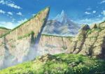  blue_sky cliff clouds cloudy_sky commentary_request day fog grass hasumi_yuuki landscape mountain nature no_humans original rock scenery sky sunlight 