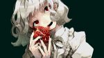  1girl bangs empty_eyes food food_on_face fruit head_tilt high_collar highres holding holding_food lace looking_to_the_side nail_polish open_mouth original pomegranate puffy_sleeves red_eyes ribbon shaded_face short_hair solo tomizu white_hair 