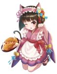  1girl :d animal_ear_fluff animal_ears apron arm_up bangs bell blunt_bangs blunt_tresses blush bow breasts brown_eyes brown_hair cat_day cat_ears cat_tail fang food frilled_apron frills highres holding holding_tray japanese_clothes long_sleeves looking_at_viewer luna_mokamoka maid_headdress medium_hair one_eye_closed open_mouth original paw_pose sandals seiza sitting smile solo tail taiyaki tray wa_maid wagashi wide_sleeves 