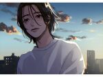  1boy black_eyes black_hair blue_sky clouds day hair_between_eyes highres letterboxed male_focus mole mole_under_eye original outdoors parted_lips shirt sky solo sunset tsunko_(9v2_q) white_shirt 