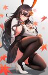  1girl absurdres animal_ears azur_lane bangs black_legwear black_skirt blush breasts brown_eyes brown_hair chikuma_(azur_lane) closed_mouth crossed_bangs earrings hair_ornament hand_on_own_chest high_heels highres jewelry kangaruu_(momotk1109) large_breasts leaf long_hair long_sleeves looking_at_viewer maple_leaf necktie orange_necktie rabbit_ears rabbit_girl sideboob skirt smile solo thigh-highs thighs white_footwear 