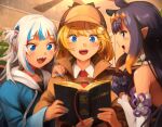 3girls bangs bible black_hair blonde_hair blue_eyes blue_hair blue_nails blunt_bangs blush book brown_coat brown_headwear coat collared_shirt detached_sleeves english_commentary gawr_gura gloves hair_flaps hair_ornament holding holding_book hololive hololive_english hood hoodie khyle. long_hair looking_at_another multicolored_hair multiple_girls nail_polish necktie ninomae_ina&#039;nis one_side_up open_mouth reading red_necktie shark_hair_ornament sharp_teeth shirt short_hair sidelocks streaked_hair teeth tentacle_hair two-tone_hair upper_body violet_eyes watson_amelia white_hair 