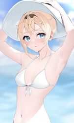  1girl absurdres armpits arms_up bangs bikini bikini_top_only blonde_hair blue_eyes blue_sky blush breasts clouds cloudy_sky collarbone commentary_request day eyewear_on_head glasses hair_ornament hairband hat highres hololive holox kazama_iroha navel outdoors parted_lips ryuya short_hair simple_background sky small_breasts stomach sun_hat swimsuit upper_body virtual_youtuber 