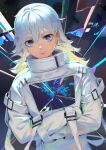  1girl abstract abstract_background absurdres blonde_hair blue_eyes chromatic_aberration closed_mouth ddal earphones earphones hair_between_eyes highres long_hair looking_at_viewer multicolored_hair original slit_pupils smile solo straitjacket white_hair 