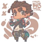  1girl apex_legends black_gloves black_jacket brown_eyes brown_hair character_name chibi clenched_hands dated fingerless_gloves gloves grey_pants highres jacket jr4rt mad_maggie_(apex_legends) pants shirt shoulder_spikes solo spiked_gloves spikes thick_eyebrows v-shaped_eyebrows white_shirt 