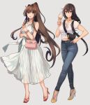  2girls alternate_costume alternate_hairstyle bag black_hair brown_eyes brown_hair casual collarbone denim dress eyebrows_visible_through_hair grey_background hair_between_eyes handbag high_heels highres holding ice_cream_cone jeans jewelry kantai_collection kasumi_(skchkko) long_hair looking_at_viewer low-tied_long_hair midriff multiple_girls nagato_(kancolle) navel necklace open_mouth pants pink_bag ponytail shirt short_sleeves shoulder_pouch simple_background smile white_dress white_shirt yamato_(kancolle) 