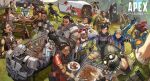  1other 6+boys 6+girls absurdres android apex_legends ash_(titanfall_2) bandana bangalore_(apex_legends) barbecue beard black_bodysuit black_gloves black_headwear blonde_hair bloodhound_(apex_legends) blue_eyes blue_gloves blue_headwear bodysuit bottle brown_eyes caustic_(apex_legends) cooking copyright_name crossed_arms crossed_legs crypto_(apex_legends) d.o.c._health_drone dark-skinned_female dark-skinned_male dark_skin double_bun dreadlocks drone everyone facial_hair facial_mark fingerless_gloves forehead_mark fuse_(apex_legends) gibraltar_(apex_legends) gloves goggles goggles_on_head grey_hair hack_(apex_legends) headband helmet highres holding holding_bottle hood hood_up hooded_jacket horizon_(apex_legends) humanoid_robot jacket loba_(apex_legends) logo mad_maggie_(apex_legends) mechanical_arms mirage_(apex_legends) multiple_boys multiple_girls mustache newcastle_(apex_legends) octane_(apex_legends) official_art one-eyed orange_bodysuit orange_jacket pathfinder_(apex_legends) rampart_(apex_legends) red_bandana redhead revenant_(apex_legends) seer_(apex_legends) side_ponytail simulacrum_(titanfall) single_mechanical_arm sitting skewer smile soul_patch trident_(apex_legends) v v-shaped_eyebrows valkyrie_(apex_legends) wattson_(apex_legends) white_headband white_jacket wraith_(apex_legends) zonotaida 