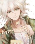  1boy a_po_(liuxiaobo0413) bangs cake closed_mouth danganronpa_(series) danganronpa_2:_goodbye_despair dated food green_jacket grey_background hand_up happy_birthday highres holding jacket komaeda_nagito looking_at_viewer male_focus open_clothes open_jacket shirt simple_background smile solo white_shirt 