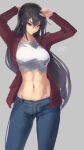  1girl alternate_costume black_hair blue_pants breasts crop_top denim grey_background haruto_(harut_n) highres jacket jeans kantai_collection large_breasts long_hair midriff nagato_(kancolle) one-hour_drawing_challenge pants red_eyes red_jacket solo standing 