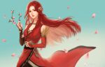  1girl absurdres asymmetrical_sleeves bi_ting_(xia_lan) blue_sky branch collared_dress dress highres holding holding_branch long_hair looking_at_viewer mismatched_sleeves petals red_dress redhead sash sky smile xia_lan xia_lan_bi_ting_chao_hua 