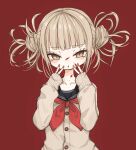  1girl bags_under_eyes black_sailor_collar blonde_hair blood blood_on_face boku_no_hero_academia brown_eyes cardigan double_bun eyebrows_visible_through_hair grey_cardigan hands_up long_sleeves looking_at_viewer messy_hair narue neckerchief parted_lips red_background red_neckerchief sailor_collar simple_background solo toga_himiko triangle_mouth upper_body 