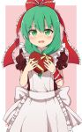  1girl absurdres apron back_bow bangs blush border bow box brown_dress commentary_request dress eyebrows_visible_through_hair eyes_visible_through_hair frills green_eyes green_hair hair_between_eyes hair_bow hands_up heart highres kagiyama_hina looking_at_viewer medium_hair open_mouth pinafore_dress pink_background puffy_short_sleeves puffy_sleeves red_bow short_sleeves simple_background solo tksand touhou upturned_eyes valentine white_apron white_border white_bow yellow_bow 