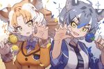 2girls animal_ears blonde_hair blue_bow blue_bowtie blue_flower blue_hair blue_jacket blue_necktie blue_rose blush bow bowtie breast_pocket brown_hair claw_pose collared_shirt da_(bobafett) extra_ears eyebrows_visible_through_hair flower golden_tabby_tiger_(kemono_friends) jacket japari_symbol kemono_friends long_hair maltese_tiger_(kemono_friends) multicolored_hair multiple_girls necktie open_clothes open_jacket open_mouth orange_jacket plaid_trim pocket rose shirt short_hair sparkle tiger_ears tiger_girl translated twintails white_hair white_shirt yellow_eyes yellow_flower yellow_rose 