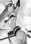  1girl arm_behind_head arm_up armpits ass bangs bikini bikini_top_only breasts clouds elbow_gloves fingerless_gloves flame_print floating_hair from_side gloves greyscale grin gun hair_ornament highres holding holding_gun holding_weapon large_breasts long_hair looking_at_viewer monochrome mugetsu2501 navel outdoors ponytail rifle scope skull_hair_ornament sky smile sniper_rifle solo stomach swimsuit teeth tengen_toppa_gurren_lagann thigh-highs twisted_torso weapon yoko_littner 