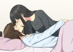  2girls absurdres bed black_hair brown_hair closed_eyes hand_on_another&#039;s_back hand_on_another&#039;s_shoulder highres imminent_kiss long_hair lying lying_on_person multiple_girls on_back on_bed original pajamas pillow ryuusa short_hair smile under_covers upper_body yuri 