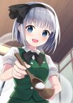  1girl bangs black_bow black_bowtie black_hairband black_ribbon blue_eyes blurry blurry_background blush bow bowl bowtie breasts buttons collared_shirt commentary_request duplicate eyebrows_visible_through_hair eyelashes food ghost green_skirt green_vest grey_hair grey_sky hairband hands_up hitodama indoors konpaku_youmu konpaku_youmu_(ghost) looking_at_viewer looking_down medium_breasts open_mouth pixel-perfect_duplicate puffy_short_sleeves puffy_sleeves ribbon rice shirt short_hair short_sleeves skirt sky smile solo spoon standing suzuno_naru tongue touhou vest white_shirt window 