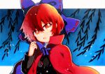  1girl bare_tree blush bow cape full_moon hair_bow high_collar highres long_sleeves looking_at_viewer moon night night_sky open_mouth qqqrinkappp red_cape red_eyes redhead sekibanki shikishi shirt short_hair skirt sky solo touhou traditional_media tree 