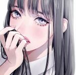  1girl close-up collared_shirt eyelashes fingernails grey_hair hand_up highres long_hair looking_at_viewer nail_polish original parted_lips pink_nails portrait shirt simple_background solo tsunko_(9v2_q) violet_eyes white_background white_shirt wing_collar 