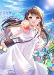  1girl :d absurdres amusement_park bag balloon bangs blue_sky bracelet brown_eyes brown_hair castle clouds commentary_request cup day disposable_cup dress drink drinking_straw earrings eyebrows_visible_through_hair ferris_wheel hair_blowing handbag highres holding holding_drink jewelry koyama_sao lamppost long_hair looking_at_viewer necklace open_mouth original outdoors sky smile solo teeth tree upper_teeth white_dress 