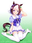  1girl :d animal_ears arm_up bashen_chenyue blue_bow blue_shirt blush bow braid breasts brown_hair character_name commentary_request ear_bow frilled_skirt frills happy_birthday highres holding horse_ears horse_girl horse_tail knees_together_feet_apart looking_at_viewer multicolored_hair no_shoes on_grass pleated_skirt puffy_short_sleeves puffy_sleeves purple_bow school_uniform shirt short_sleeves sitting skirt small_breasts smile solo special_week_(umamusume) tail thigh-highs tracen_school_uniform two-tone_hair umamusume violet_eyes wariza white_background white_hair white_legwear white_skirt 