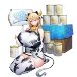  1girl alternate_hairstyle animal_ears animal_print baby_bottle bangs bear_ears bell blue_eyes bottle breast_strap breasts cow_ears cow_print cow_tail cowbell dress elbow_gloves english_text extra_ears frigga_(last_origin) full_body gigantic_breasts gloves grin hair_between_eyes hair_down highres jam_(nandade) lap_pillow_invitation last_origin mole mole_under_mouth neck_bell official_art seiza short_dress side_slit signpost sitting smile solo tachi-e tail thigh-highs transparent_background 