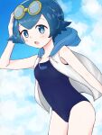  1girl absurdres blue_eyes blue_hair blue_sky blue_swimsuit bright_pupils casual_one-piece_swimsuit clouds collarbone cowboy_shot day eyebrows_behind_hair flat_chest freckles goggles goggles_on_head hair_between_eyes hairband highres hood hooded_jacket jacket lana_(pokemon) no_sclera one-piece_swimsuit open_mouth outdoors pokemon pokemon_(game) pokemon_sm short_hair sky sleeveless sleeveless_jacket smile solo swimsuit swimsuit_under_clothes taketiyo200 white_jacket white_pupils yellow_hairband 