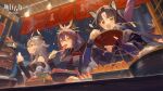  akafuyu_(arknights) arknights chopsticks city eating food grey_hair highres kumatangent matoimaru_(arknights) meat night purple_hair red_eyes saga_(arknights) sitting yellow_eyes 