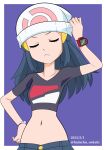  1girl alternate_costume arm_up beanie black_hair black_shirt bracelet closed_eyes closed_mouth commentary_request dated frown hainchu hair_ornament hairclip hand_on_hip hat highres hikari_(pokemon) jewelry long_hair navel poke_ball_print pokemon pokemon_(anime) pokemon_dppt_(anime) poketch shirt short_sleeves twitter_username watch watch white_headwear 