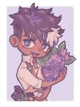  1boy :p beard bouquet bright_pupils chibi cowboy_shot dark-skinned_male dark_skin eyebrow_cut facial_hair holding holding_bouquet hs_640 lilac_(live_a_hero) live_a_hero looking_at_viewer male_focus mature_male multicolored_hair purple_hair scissors shirt short_hair sideburns smile solo streaked_hair stubble thick_eyebrows tongue tongue_out white_hair white_shirt 