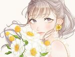  1girl bangs blush closed_mouth earrings floating_hair flower flower_earrings grey_hair holding holding_flower jewelry looking_at_viewer original ponytail portrait simple_background smile solo tsunko_(9v2_q) violet_eyes white_background white_flower 