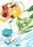  :d blue_eyes blurry bright_pupils commentary_request fangs fire fuecoco highres leaf motion_blur no_humans open_mouth pokemon pokemon_(creature) quaxly red_eyes smile sprigatito starter_pokemon_trio tongue water water_drop white_pupils yusuke_oshida 