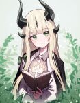  1girl arknights bangs beudelb black_jacket blonde_hair blunt_bangs blush book closed_mouth dragon_horns eyebrows_visible_through_hair green_background green_eyes head_tilt highres holding holding_book horns jacket jacket_on_shoulders long_hair long_sleeves official_alternate_costume open_book plant reed_(arknights) reed_(emerald_holiday)_(arknights) shirt smile solo upper_body white_shirt 