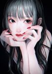  1girl black_background black_eyes blue_hair closed_mouth fingernails head_rest highres lipstick long_hair looking_at_viewer makeup nail_polish original parted_lips red_lips red_nails simple_background solo tsunko_(9v2_q) 