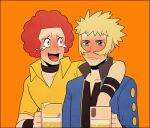  2boys :d afro alcohol arm_around_neck beer black_choker black_shirt blonde_hair blue_eyes blue_jacket blush choker closed_mouth collared_shirt flint_(pokemon) grey_eyes holding jacket jaho laughing looking_at_another lowres male_focus multiple_boys open_clothes open_jacket open_mouth orange_background pokemon pokemon_(game) pokemon_dppt raised_eyebrows redhead shirt simple_background smile spiky_hair tongue upper_body volkner_(pokemon) yellow_shirt 
