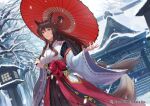  1girl absurdres animal_ears bangs bare_tree breasts brown_eyes fox_ears fox_girl fox_tail fumi_(nijisanji) highres holding holding_umbrella japanese_clothes kimono looking_at_viewer medium_breasts nijisanji official_art red_skirt skirt snow snowing solo tail temple tree umbrella virtual_youtuber white_kimono zonotaida 