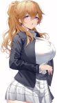  1girl :o absurdres bangs black_jacket blonde_hair breasts collared_shirt eyebrows_visible_through_hair from_side highres jacket konoe_kanata large_breasts long_hair long_sleeves looking_at_viewer looking_to_the_side love_live! love_live!_nijigasaki_high_school_idol_club namazu_(yamasonson) open_clothes open_jacket open_mouth ponytail shirt shirt_tucked_in simple_background skirt violet_eyes white_background white_shirt white_skirt 