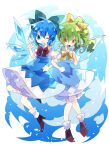  2girls ;d ahoge bangs blue_bow blue_dress blue_eyes bow bowtie brown_footwear cirno commentary daiyousei dress fairy_wings full_body hair_between_eyes hair_bow high_heels highres ice ice_wings locked_arms long_hair looking_at_viewer multiple_girls nikorashi-ka one-hour_drawing_challenge one_eye_closed orange_eyes petticoat pointing pointing_up puffy_short_sleeves puffy_sleeves red_bow shirt short_hair short_sleeves smile socks touhou white_legwear white_shirt wings yellow_bow 