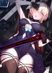  1girl artoria_pendragon_(fate) bangs black_coat black_gloves black_legwear blonde_hair blush breasts coat commentary commentary_request excalibur_morgan_(fate) eyebrows_visible_through_hair fate/grand_order fate_(series) food gloves hair_ornament highres holding_object holding_sword holding_weapon legs legs_together lying medium_breasts ninoude_(ninoude44) on_back parted_lips popsicle saber_alter solo sweating sword thigh-highs thighs tiara weapon 