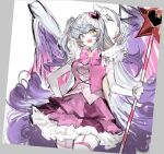 1girl dress lobotomy_corporation magical_girl open_mouth orange_eyes pink_dress pink_ribbon project_moon queen_of_hatred rem_(remitomytomy) ribbon skirt sleeveless staff thighs white_background white_hair wings