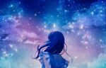  1girl blue_hair blue_sky dress facing_away from_behind highres long_hair original sky solo star_(sky) starry_sky tsunko_(9v2_q) 
