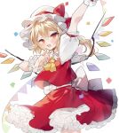  1girl arm_up ascot back_bow bangs blonde_hair blush bow collared_shirt commentary_request confetti crystal eyebrows_visible_through_hair eyelashes fang flandre_scarlet frills grey_bow hair_between_eyes hands_up hat hat_bow highres jewelry looking_to_the_side mob_cap multicolored_wings one_side_up open_mouth pointing puffy_short_sleeves puffy_sleeves red_bow red_eyes red_skirt red_vest shirt short_hair short_sleeves simple_background skirt smile solo sorani_(kaeru0768) standing tongue touhou vest white_background white_headwear white_shirt wings wrist_cuffs yellow_ascot 