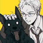  1boy blue_eyes collared_shirt copyright_request dog fingernails glasses grin headpat jacket limited_palette male_focus necktie petting shirt short_hair simple_background smile solo stitched_fingers tsunko_(9v2_q) wing_collar yellow_background 
