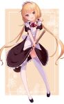  absurdres alternate_costume apron blonde_hair broom broom_riding crescent crescent_pin enmaided highres kantai_collection long_hair maid maid_apron maid_headdress satsuki_(kancolle) thigh-highs twintails uut white_legwear yellow_eyes 