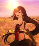  1girl absurdres azezazel bare_shoulders black_hair black_skirt breasts crop_top detached_sleeves earrings final_fantasy final_fantasy_vii final_fantasy_vii_remake highres jewelry large_breasts long_hair looking_at_viewer low-tied_long_hair open_mouth outdoors red_eyes skirt sky smile sun sunlight tank_top tifa_lockhart white_tank_top 