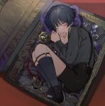  1boy bishounen black_hair black_shirt briefcase closed_eyes commentary_request genshin_impact highres knees_to_chest male_focus nakura_hakuto pillow scaramouche_(genshin_impact) shirt shoes short_hair shorts skindentation socks solo suspenders 