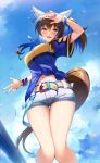  1girl :d \m/ absurdres animal_ears arm_up bangs blue_hair blue_nails blue_shirt blue_sky blush bracelet breasts brown_hair clothing_cutout clouds commentary_request cowboy_shot daitaku_helios_(umamusume) day denim denim_shorts ear_covers ear_ornament eyebrows_visible_through_hair from_below hair_between_eyes hair_ornament hairclip highres horse_ears horse_girl horse_tail jewelry koikeya large_breasts long_hair looking_at_viewer midriff_peek multicolored_hair navel necklace open_mouth shirt short_shorts short_sleeves shorts shoulder_cutout sidelocks sky smile solo standing streaked_hair sweat tail tied_shirt two-tone_hair umamusume v wristband yellow_belt yellow_eyes 