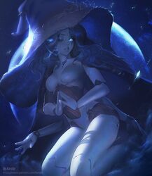  1girl blue_eyes blue_hair blue_skin chest_jewel colored_skin elden_ring extra_arms full_moon glowing glowing_eye hat highres kardie kneeling moon night one_eye_closed ranni_the_witch solo witch witch_hat 